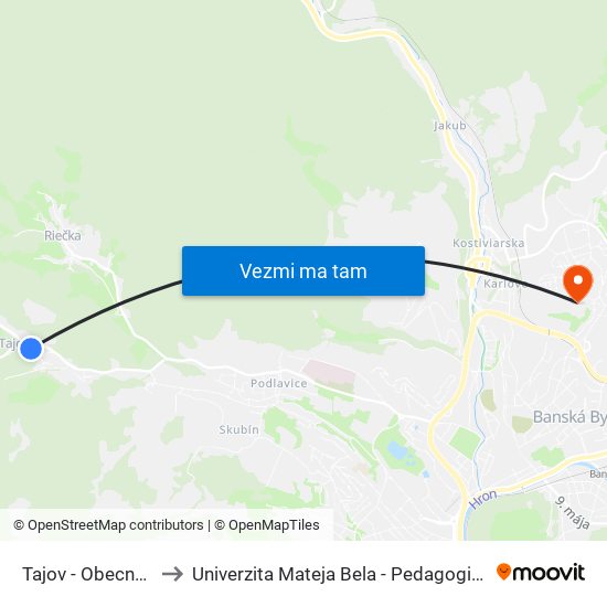 Tajov - Obecný Úrad to Univerzita Mateja Bela - Pedagogická Fakulta map