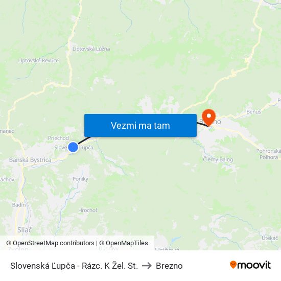 Slovenská Ľupča - Rázc. K Žel. St. to Brezno map