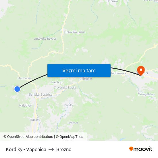 Kordíky - Vápenica to Brezno map