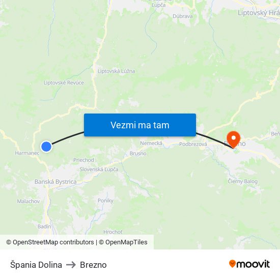 Špania Dolina to Brezno map