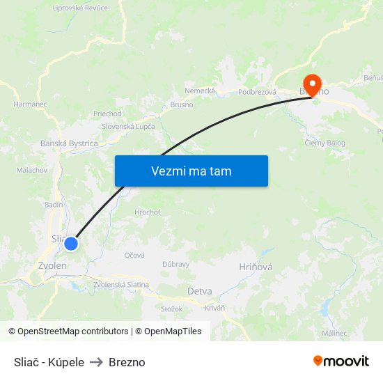 Sliač - Kúpele to Brezno map