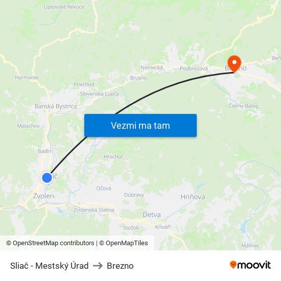 Sliač - Mestský Úrad to Brezno map