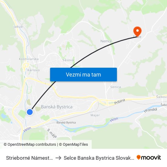 Strieborné Námestie to Selce Banska Bystrica Slovakia map