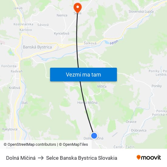 Dolná Mičiná to Selce Banska Bystrica Slovakia map