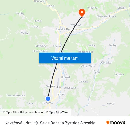 Kováčová - Nrc to Selce Banska Bystrica Slovakia map