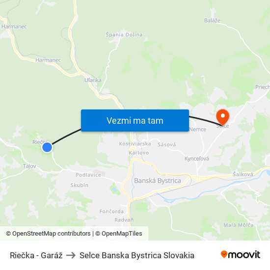 Riečka - Garáž to Selce Banska Bystrica Slovakia map