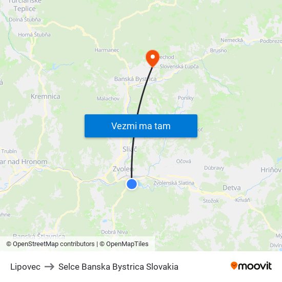 Lipovec to Selce Banska Bystrica Slovakia map