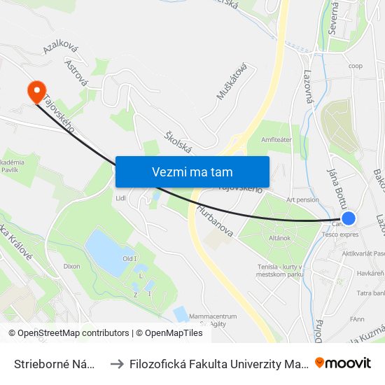 Strieborné Námestie to Filozofická Fakulta Univerzity Mateja Bela map