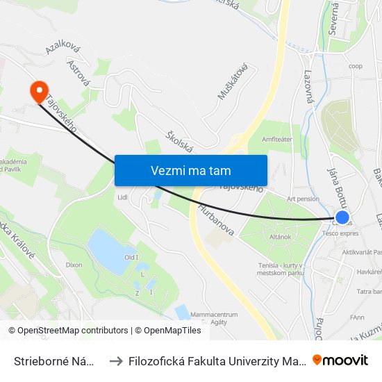 Strieborné Námestie to Filozofická Fakulta Univerzity Mateja Bela map