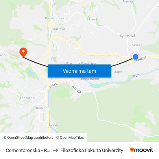 Cementárenská - Rázcestie to Filozofická Fakulta Univerzity Mateja Bela map