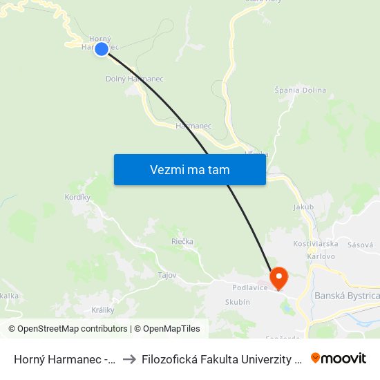 Horný Harmanec - Polesie to Filozofická Fakulta Univerzity Mateja Bela map