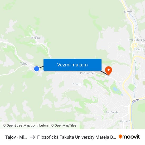 Tajov - Mlyn to Filozofická Fakulta Univerzity Mateja Bela map