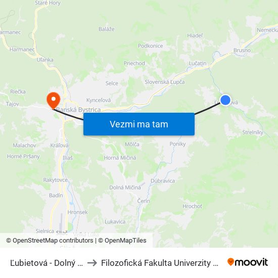 Ľubietová - Dolný Koniec to Filozofická Fakulta Univerzity Mateja Bela map