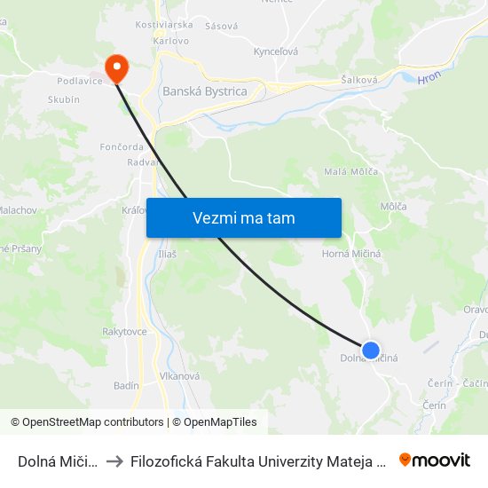 Dolná Mičiná to Filozofická Fakulta Univerzity Mateja Bela map