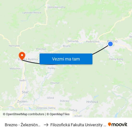 Brezno - Železničná Stanica to Filozofická Fakulta Univerzity Mateja Bela map