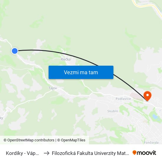 Kordíky - Vápenica to Filozofická Fakulta Univerzity Mateja Bela map