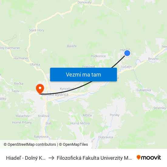 Hiadeľ - Dolný Koniec to Filozofická Fakulta Univerzity Mateja Bela map