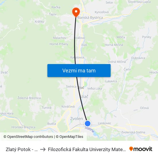 Zlatý Potok - Lidl to Filozofická Fakulta Univerzity Mateja Bela map