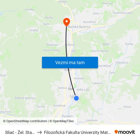 Sliač - Žel. Stanica to Filozofická Fakulta Univerzity Mateja Bela map