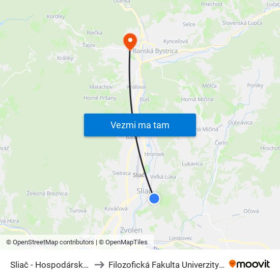 Sliač - Hospodárska Budova to Filozofická Fakulta Univerzity Mateja Bela map