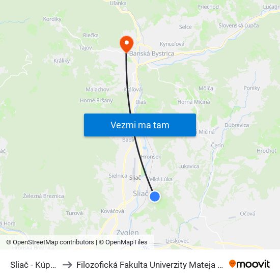 Sliač - Kúpele to Filozofická Fakulta Univerzity Mateja Bela map