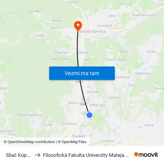 Sliač Kúpele to Filozofická Fakulta Univerzity Mateja Bela map