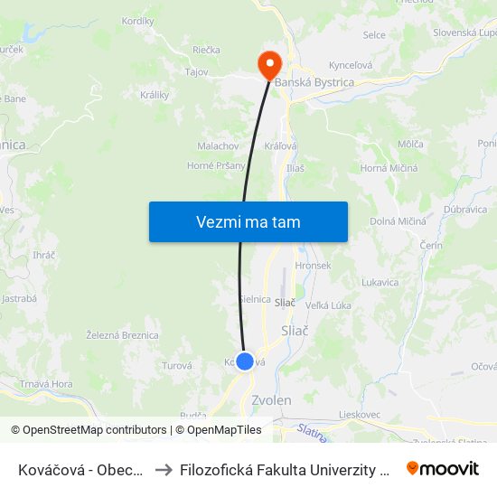 Kováčová - Obecný Úrad to Filozofická Fakulta Univerzity Mateja Bela map