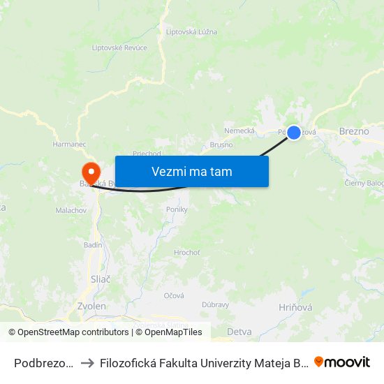 Podbrezová to Filozofická Fakulta Univerzity Mateja Bela map