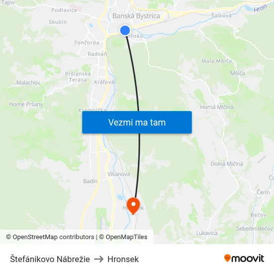 Štefánikovo Nábrežie to Hronsek map