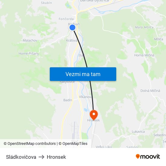 Sládkovičova to Hronsek map