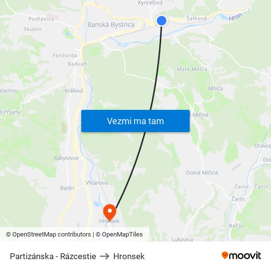 Partizánska - Rázcestie to Hronsek map