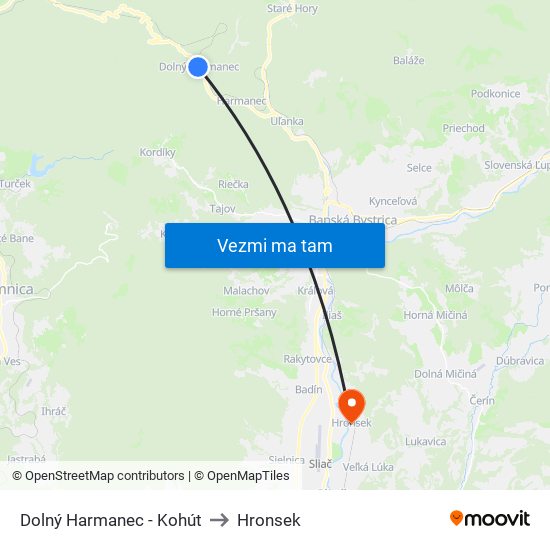 Dolný Harmanec - Kohút to Hronsek map