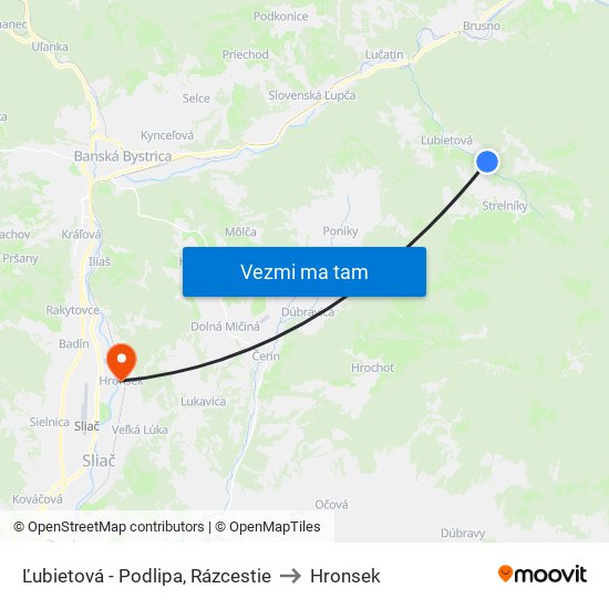 Ľubietová - Podlipa, Rázcestie to Hronsek map