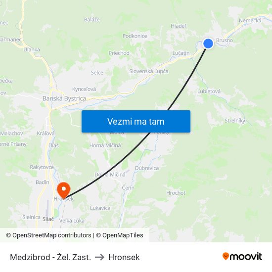 Medzibrod - Žel. Zast. to Hronsek map