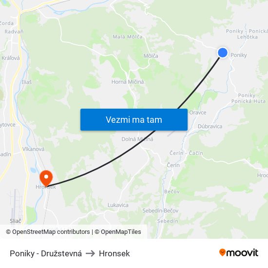 Poniky - Družstevná to Hronsek map