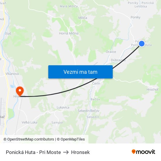 Ponická Huta - Pri Moste to Hronsek map
