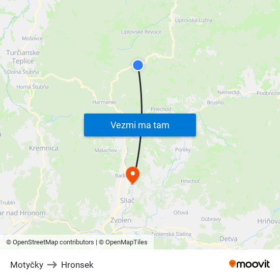 Motyčky to Hronsek map