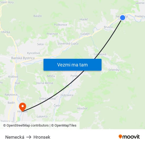 Nemecká to Hronsek map