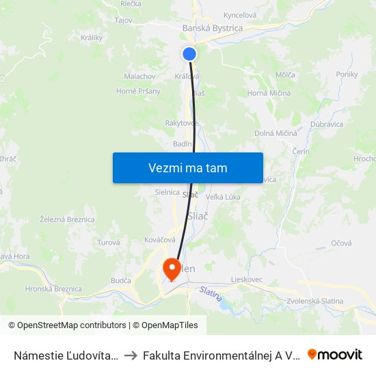 Námestie Ľudovíta Štúra - Kaufland to Fakulta Environmentálnej A Výrobnej Technicky Tuzvo map