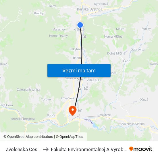 Zvolenská Cesta - Tesco to Fakulta Environmentálnej A Výrobnej Technicky Tuzvo map