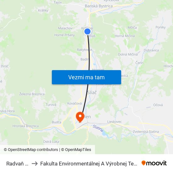 Radvaň Park to Fakulta Environmentálnej A Výrobnej Technicky Tuzvo map