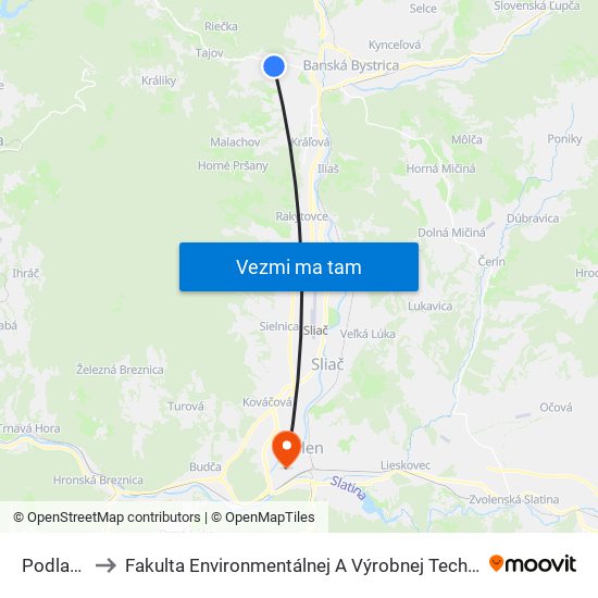 Podlavice to Fakulta Environmentálnej A Výrobnej Technicky Tuzvo map