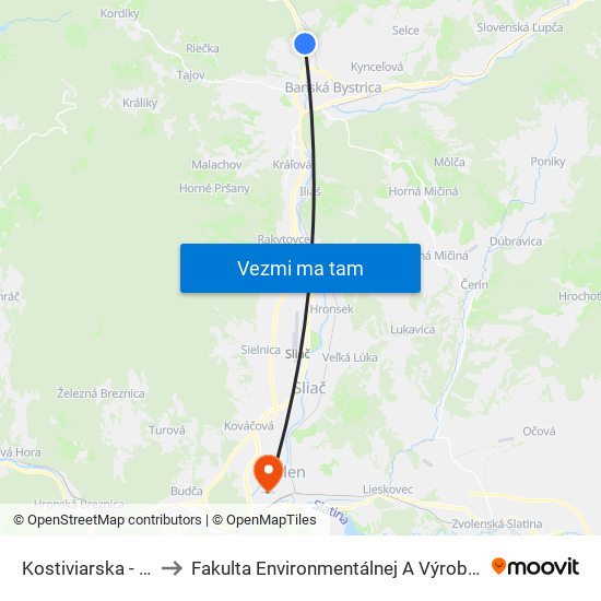 Kostiviarska - Rázcestie to Fakulta Environmentálnej A Výrobnej Technicky Tuzvo map