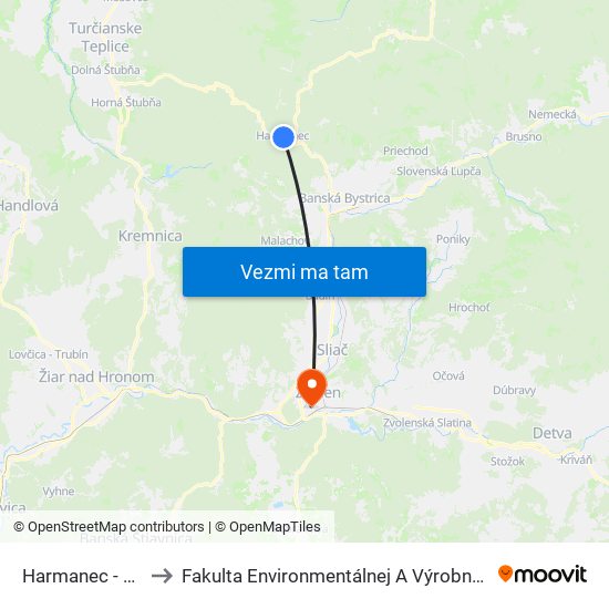 Harmanec - Papierne to Fakulta Environmentálnej A Výrobnej Technicky Tuzvo map