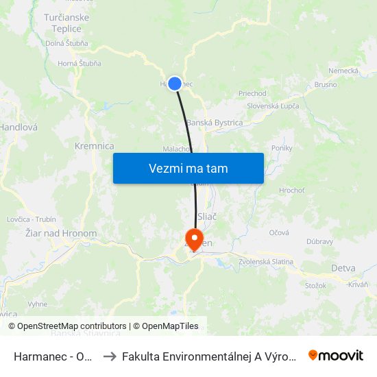 Harmanec - Obecný Úrad to Fakulta Environmentálnej A Výrobnej Technicky Tuzvo map