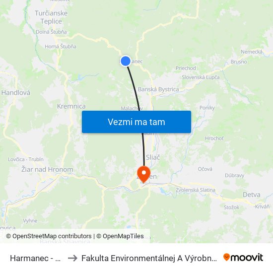 Harmanec - Strelnica to Fakulta Environmentálnej A Výrobnej Technicky Tuzvo map