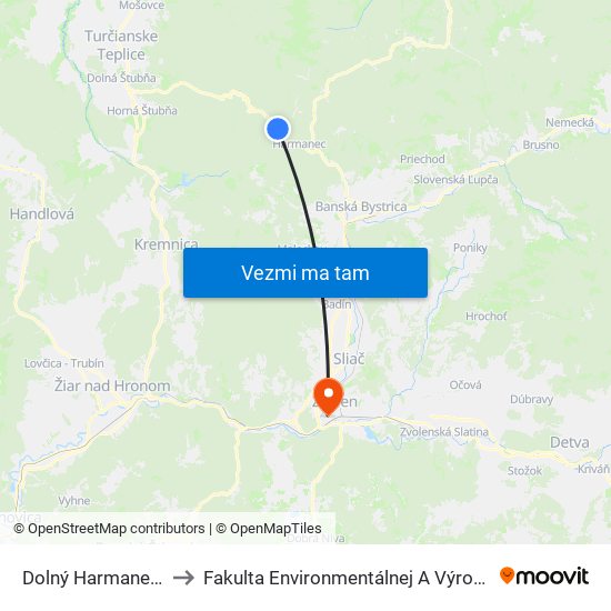 Dolný Harmanec - Jednota to Fakulta Environmentálnej A Výrobnej Technicky Tuzvo map