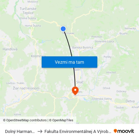 Dolný Harmanec - Kohút to Fakulta Environmentálnej A Výrobnej Technicky Tuzvo map