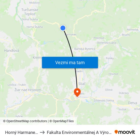 Horný Harmanec - Jaskyňa to Fakulta Environmentálnej A Výrobnej Technicky Tuzvo map