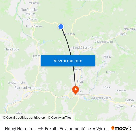 Horný Harmanec - Polesie to Fakulta Environmentálnej A Výrobnej Technicky Tuzvo map